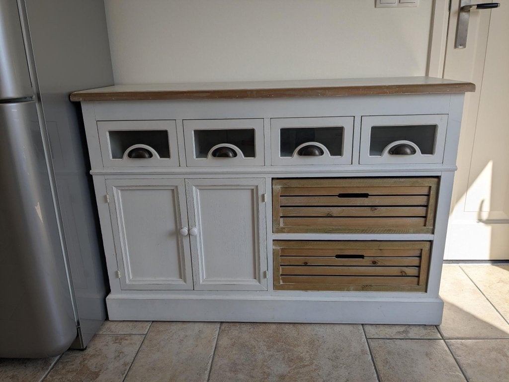 Landelijk dressoir/kastje met lades en deuren, Ophalen, 100 tot 150 cm, 25 tot 50 cm, Glas