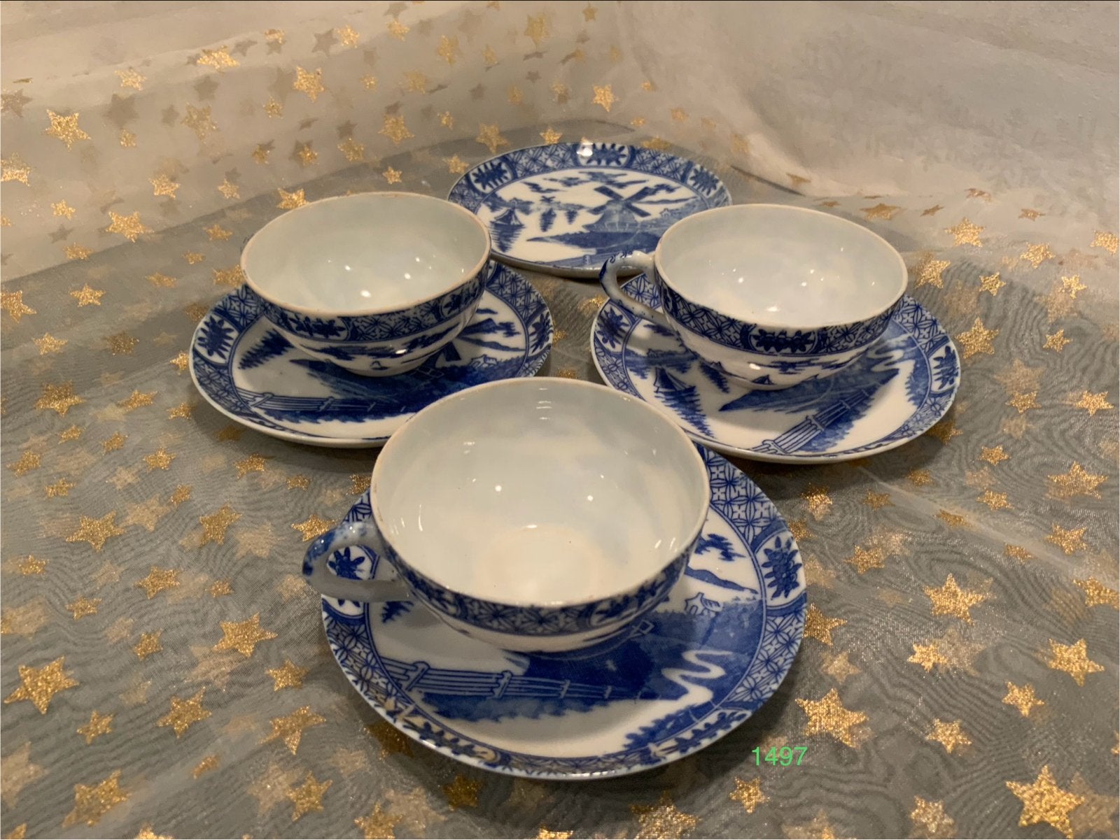 3 sets Delfts blauw theekop en schotel - Molen decor, Gebruikt, Keramiek, Ophalen of Verzenden, Overige stijlen