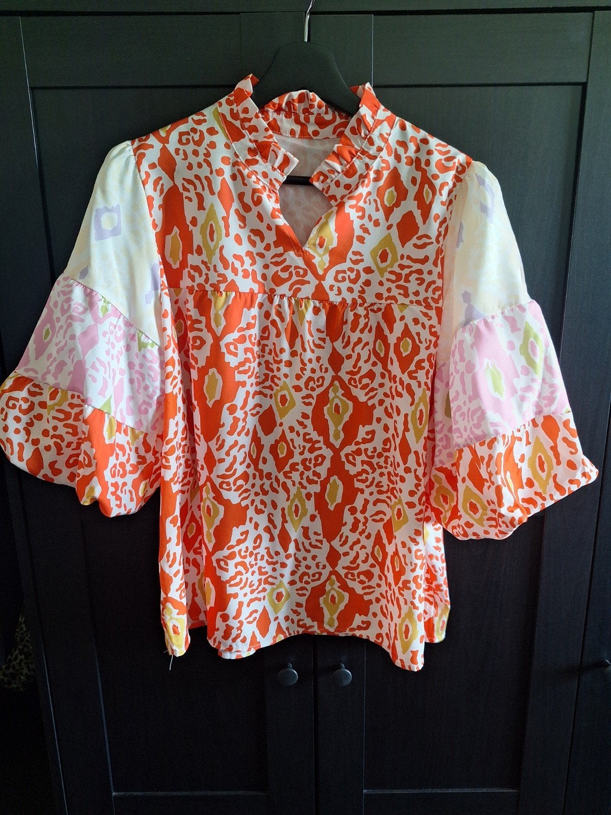 Oranje/witte blouse met patroon en pofmouwen, Kleding | Dames, Maat 38/40 (M), Oranje, Ophalen of Verzenden, Onbekend