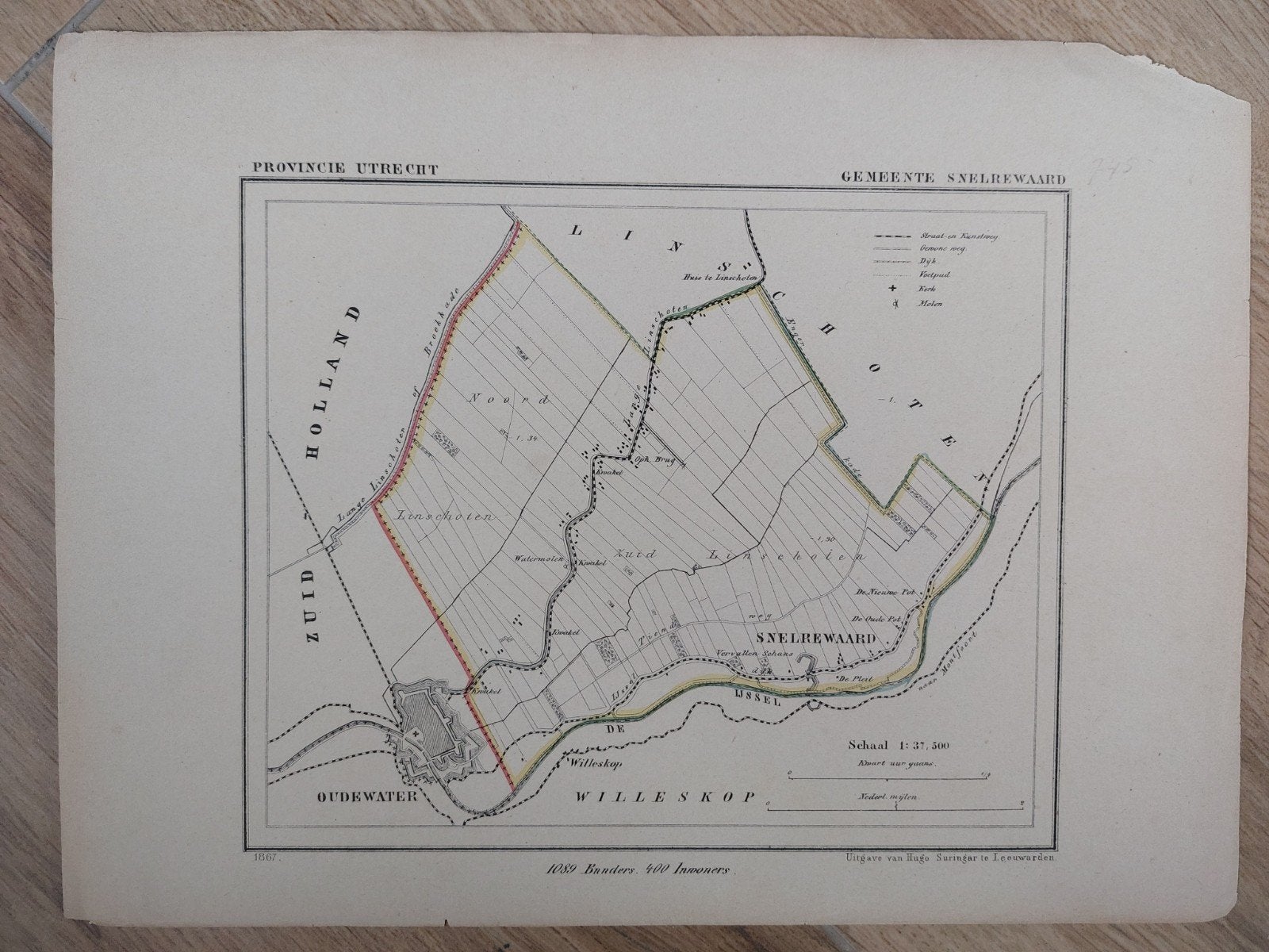 26 / Snelrewaard Oudewater Kuyper Utrecht Litho uit 1867, Origineel, Ophalen of Verzenden, Kaarten en plattegronden, Lithografie
