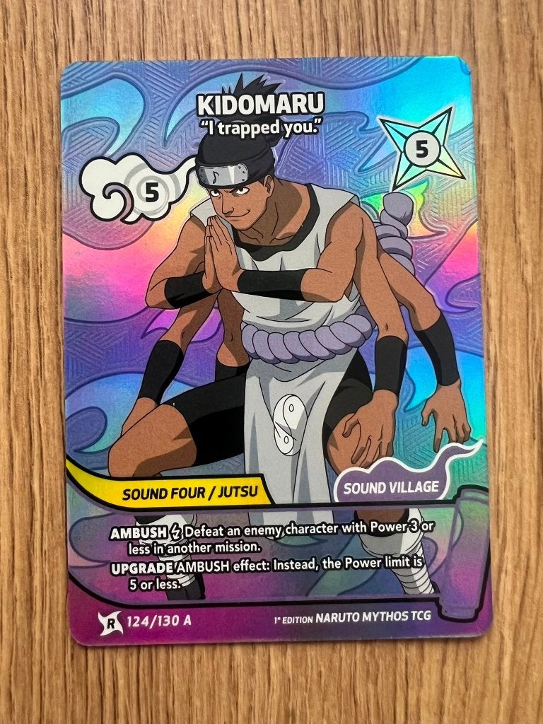 Naruto Mythos TCG Kidomaru 124/130 Rare Art 1st Edition NM, Ophalen of Verzenden, Zo goed als nieuw, Losse kaart