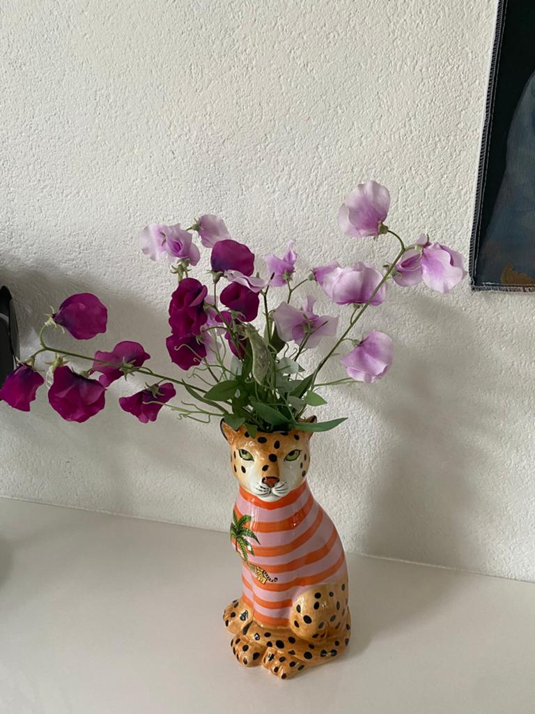 Luipaard vaas, keramiek, incl kunst lathyrus takken, Ophalen, Zo goed als nieuw