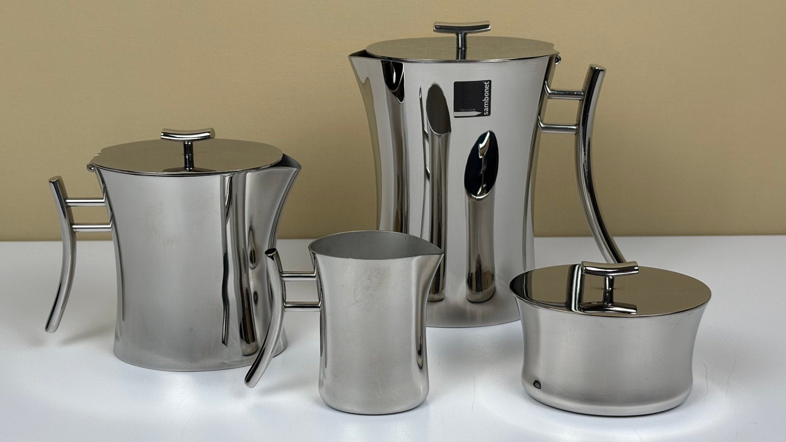 Sambonet Bamboo koffie thee set chroom roomkan suikerpot, Zilver, Ophalen of Verzenden, Set, Metaal