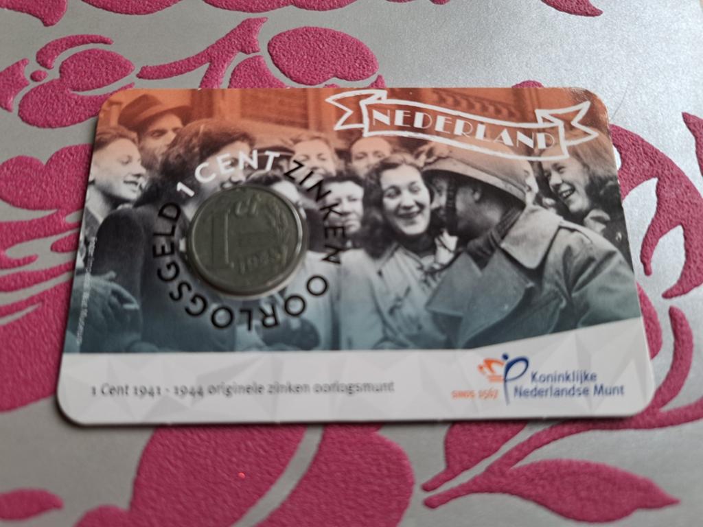 Coincard 75 jaar Bevrijding met 1 zinken cent 1943, Ophalen of Verzenden, Koningin Wilhelmina, 1 cent