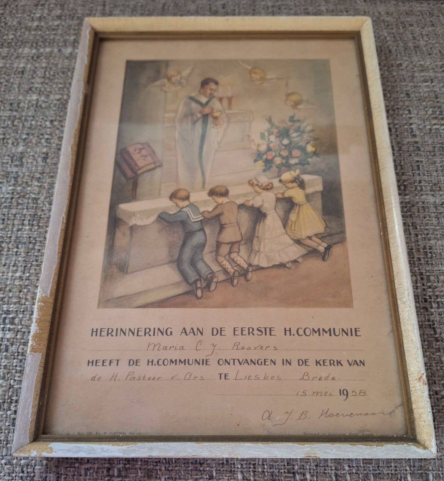 Ingelijste prent Eerste communie 1958., Antiek en Kunst, Ophalen of Verzenden