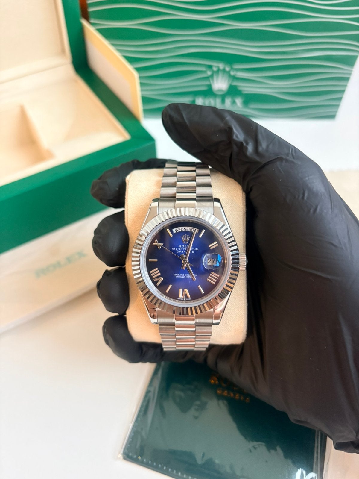 Rolex Daydate Zilver DarkBlue Dial 41MM, Staal, Rolex, Verzenden, Polshorloge