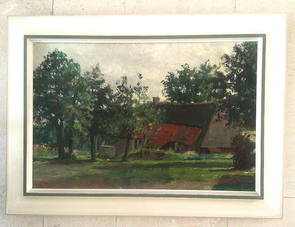 Boerderij in bosrijke omgeving - Wim Heinecke 1895-1978, Doek, Impressionistisch, Ophalen of Verzenden, Gesigneerd