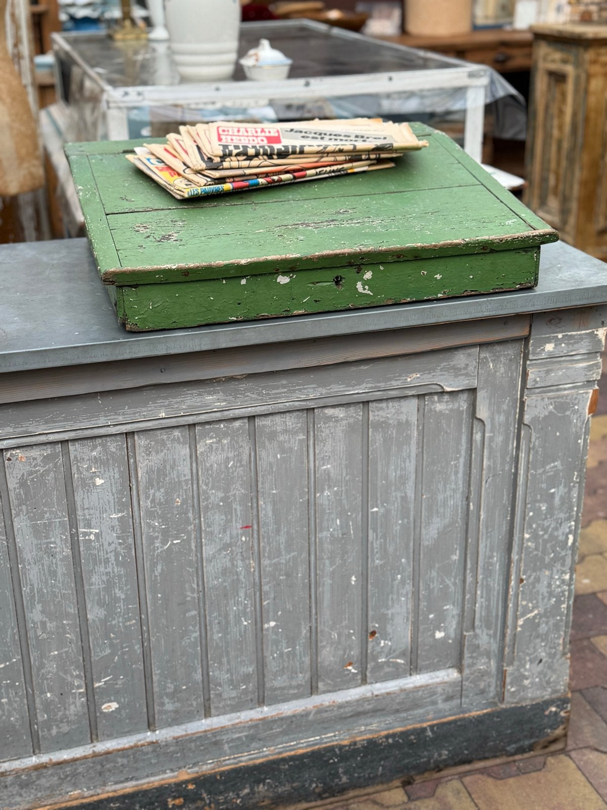 Oude groene schrijf kist/lessenaar met klep, Antiek en Kunst, Ophalen
