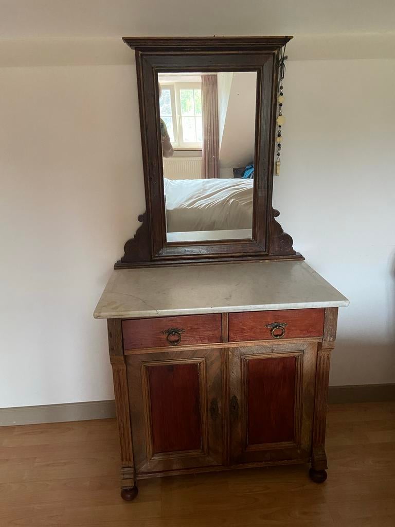 Antieke kaptafel met marmeren blad en spiegel, Antiek en Kunst, Antiek | Meubels | Kasten, Ophalen