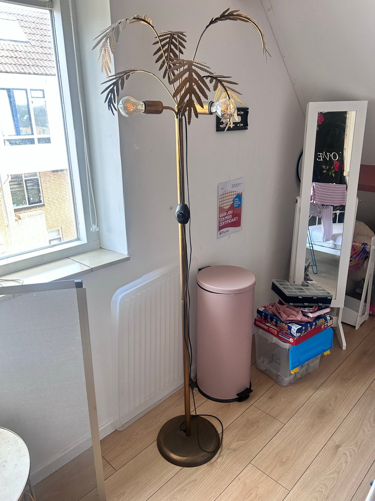 Koperkleurige palm vloerlamp met 3 lichtbollen, 170 cm hoog, Huis en Inrichting, Lampen | Vloerlampen, Ophalen, Gebruikt, Metaal