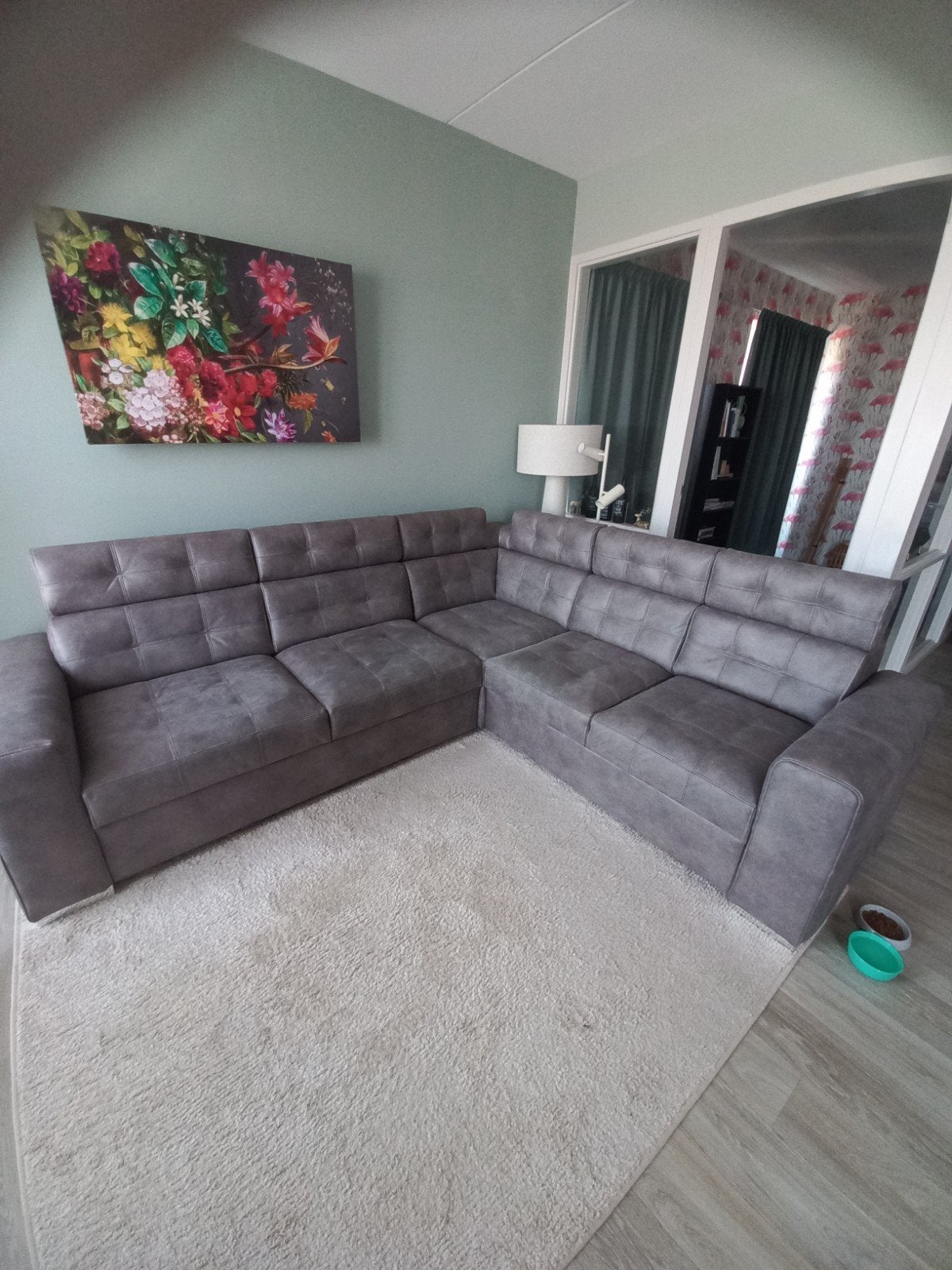 ZEER MOOIE GRIJZE STEVIGE NUBUCK HOEKBANK,270 BIJ 240 CM, Ophalen, Zo goed als nieuw