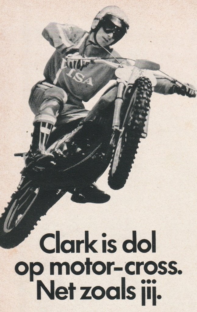 Retro reclame 1977 Clark's kauwgum motorcross crossfiets, Verzenden, Overige typen