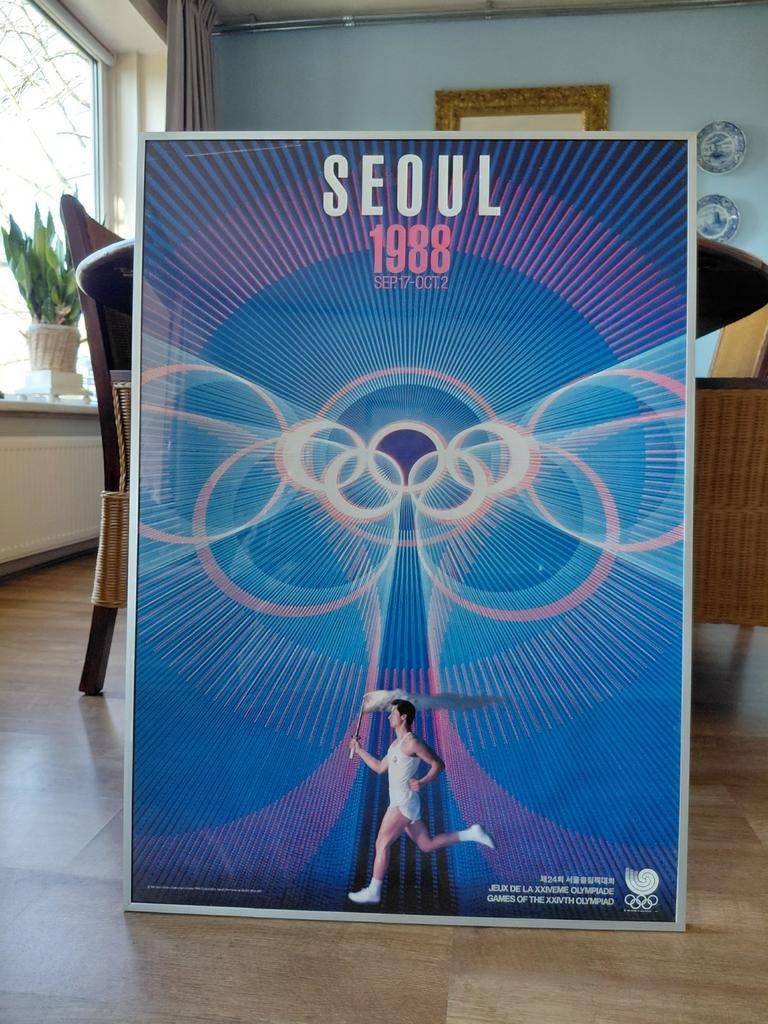 Vintage Olympische Spelen Seoul 1988 Poster met lijst, Met lijst, Vierkant, Ophalen of Verzenden, Zo goed als nieuw