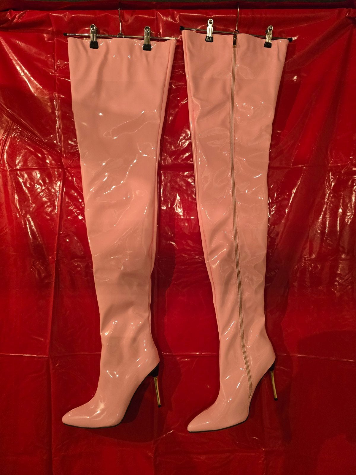 Roze lakleren overknee laarzen met hoge hak, Verzenden, Zo goed als nieuw, Roze, Hoge laarzen
