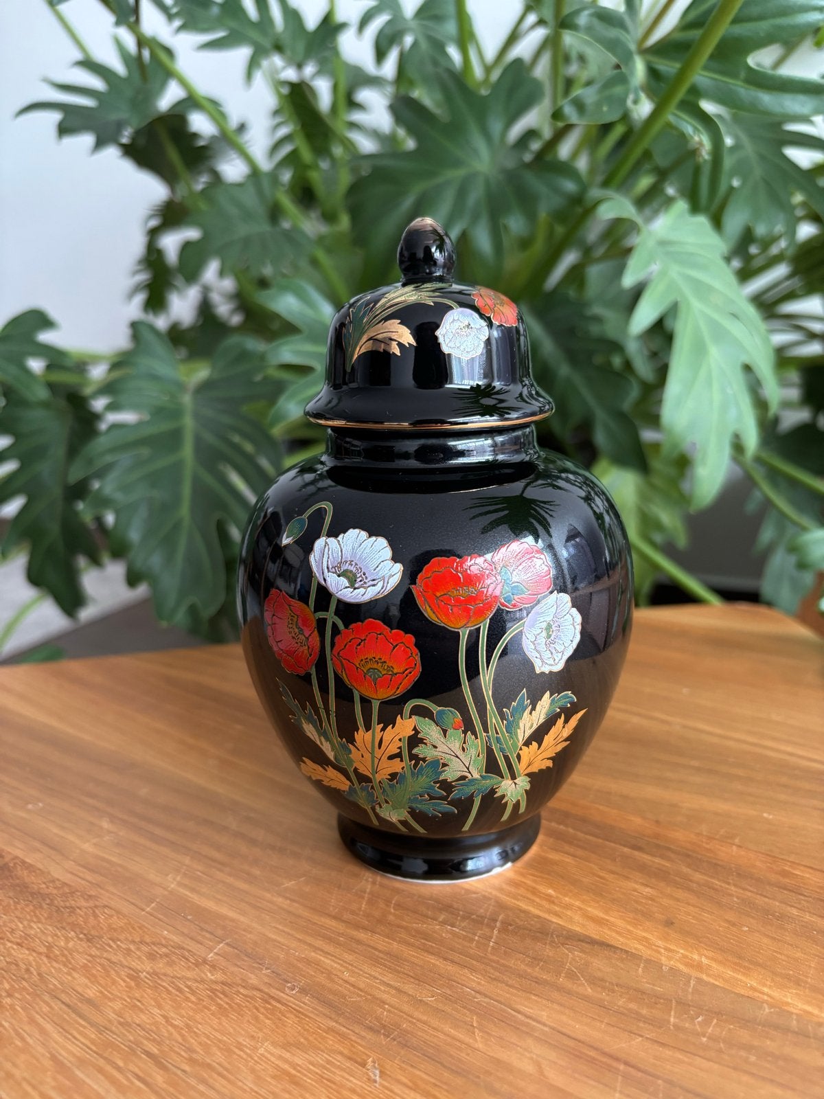 Zwarte gemberpot met bloemmotief - 16 cm, Ophalen of Verzenden