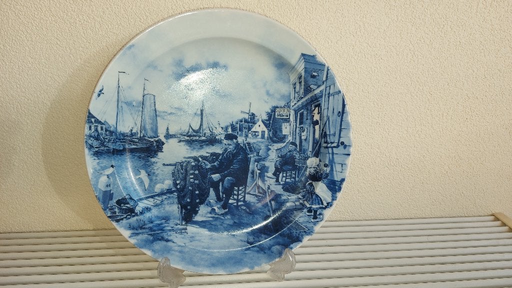 Delftsblauw wandbord Volendam haven J.C.V. Hunnik (1984), Ophalen of Verzenden