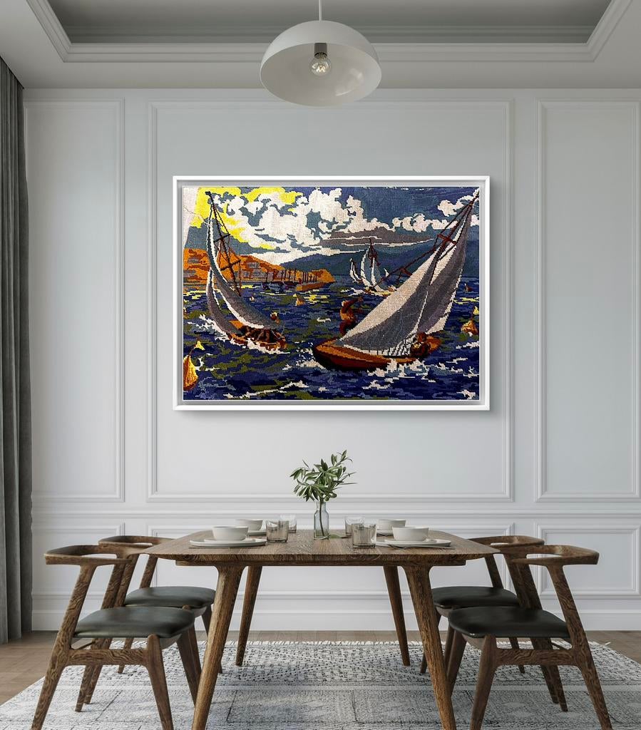 Handmade Cross Stitch Boat Tapestry: Ocean Seagulls Wall Art, Antiek en Kunst, Ophalen of Verzenden