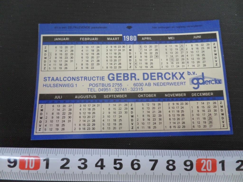 sticker Kalender 1980 Nederweert GEBR. DERCKX staalconstruti, Ophalen, Zo goed als nieuw