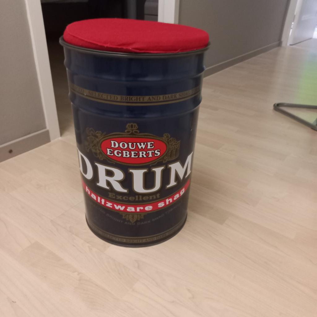 Douwe Egberts Drum tabakston krukje met rood kussen, Verzamelen, Blikken, Ophalen, Gebruikt, Overige, Douwe Egberts