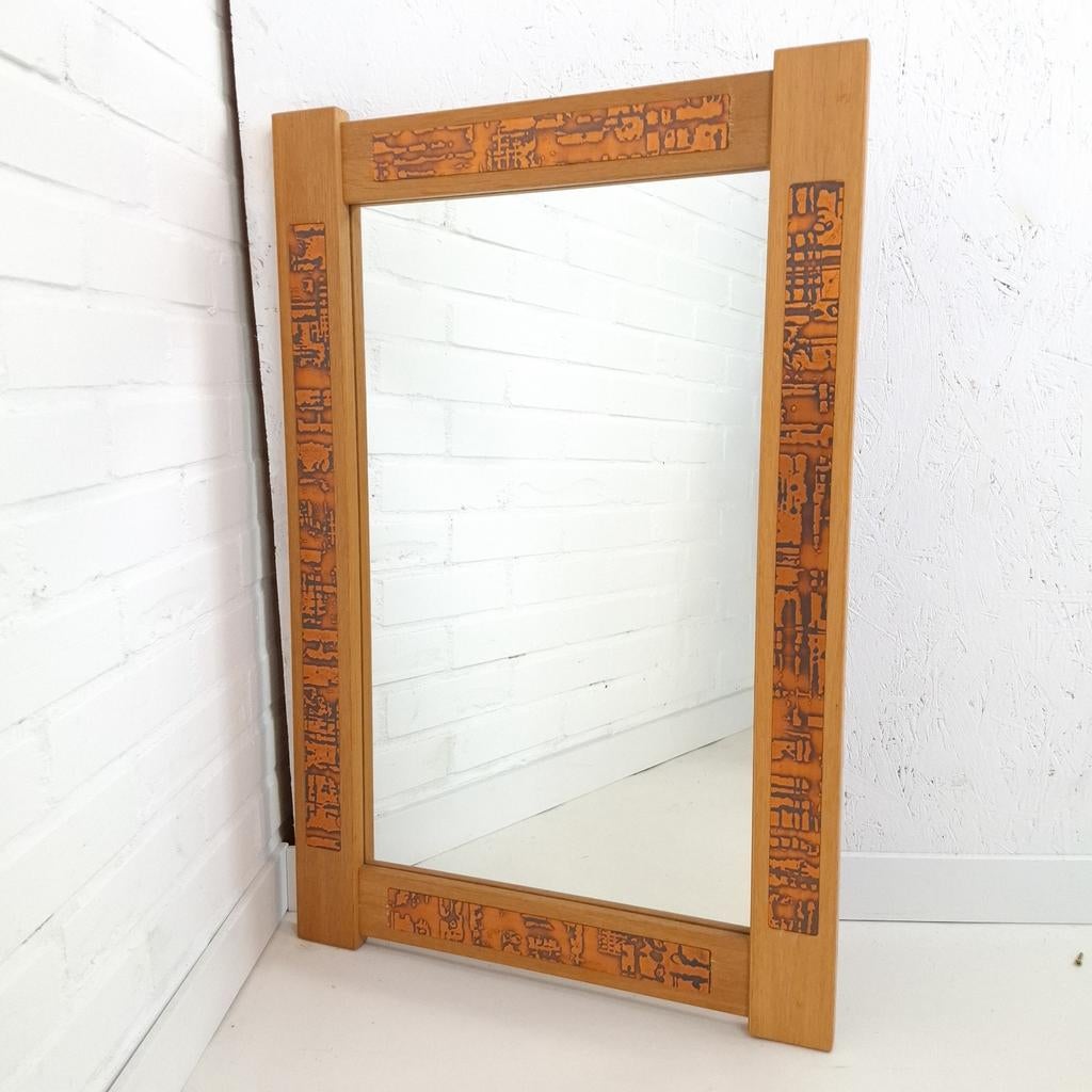 Vintage brutalist spiegel hout/koper jaren 60, Ophalen, Gebruikt, X, Minder dan 100 cm