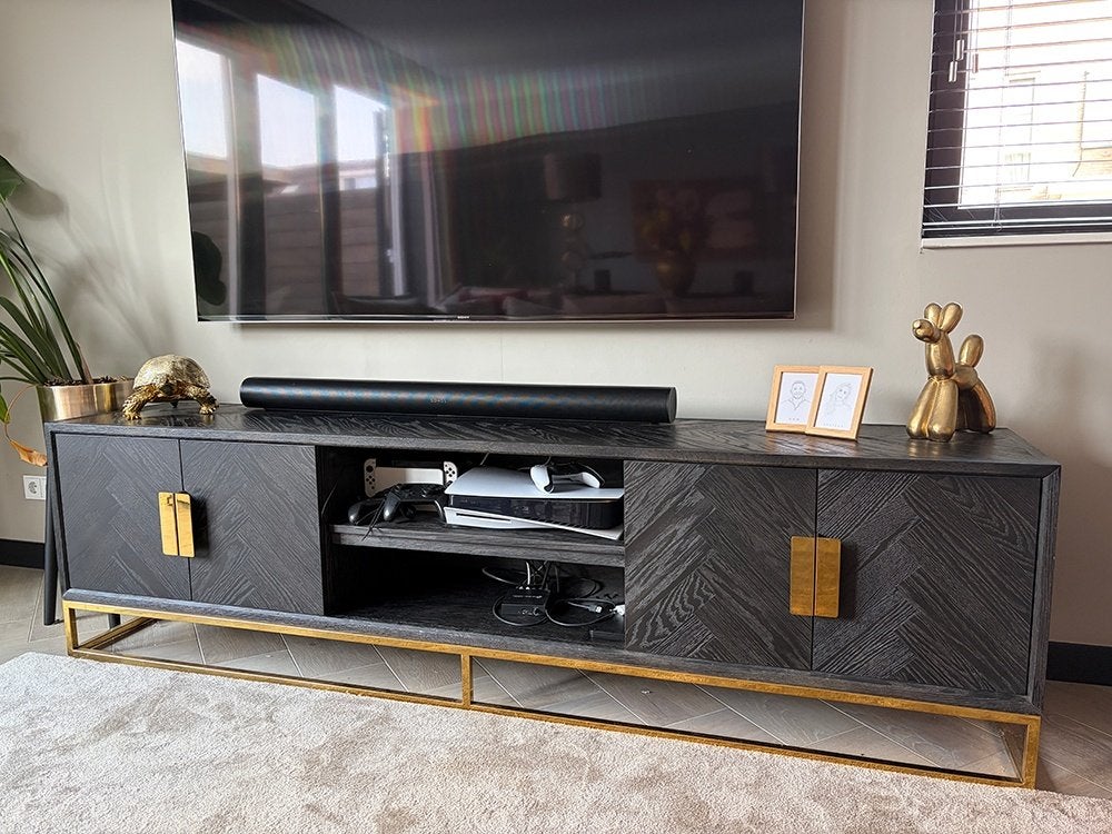 Tv-meubel zwart eikenhout en goud - 200x43x60 cm, Ophalen, Gebruikt, 150 tot 200 cm, Minder dan 100 cm