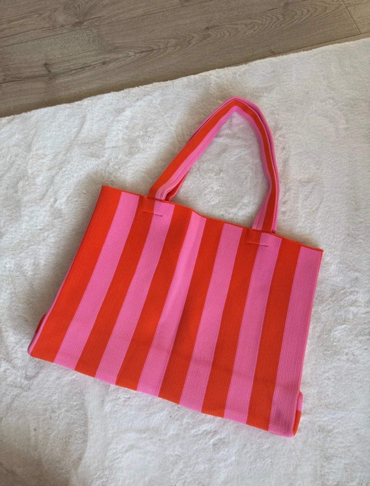 Roze en oranje gestreepte totebag van geweven stof, Ophalen of Verzenden, Nieuw, Roze, Shopper