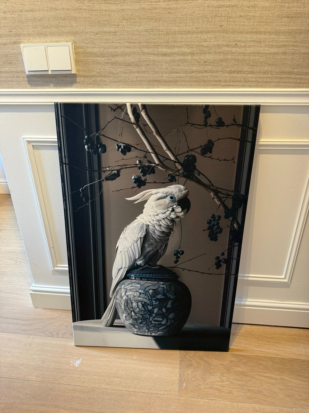 Canvas doek 60x90cm met witte kaketoe op vaas, Ophalen, Textiel, Op houten frame, Dieren