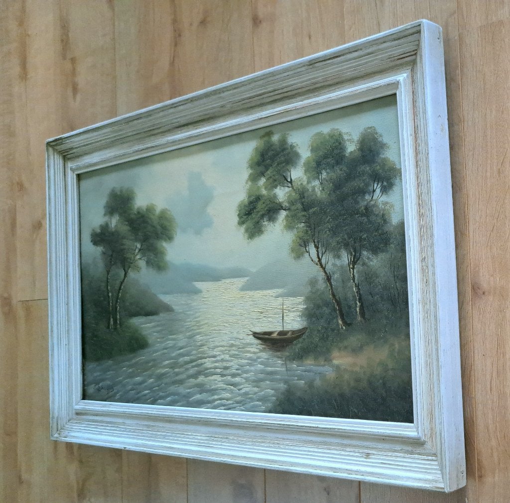 Gesigneerd groot olieverf schilderij  canvas hout lijst boot, Antiek en Kunst, Ophalen, Doek, Gesigneerd, Landschap