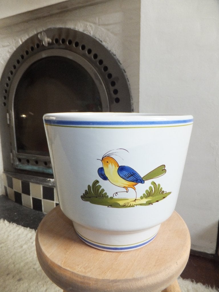 grote vintage bloempot met leuke vogel, 50s jaren 50/60, ø18, Ophalen, Zo goed als nieuw