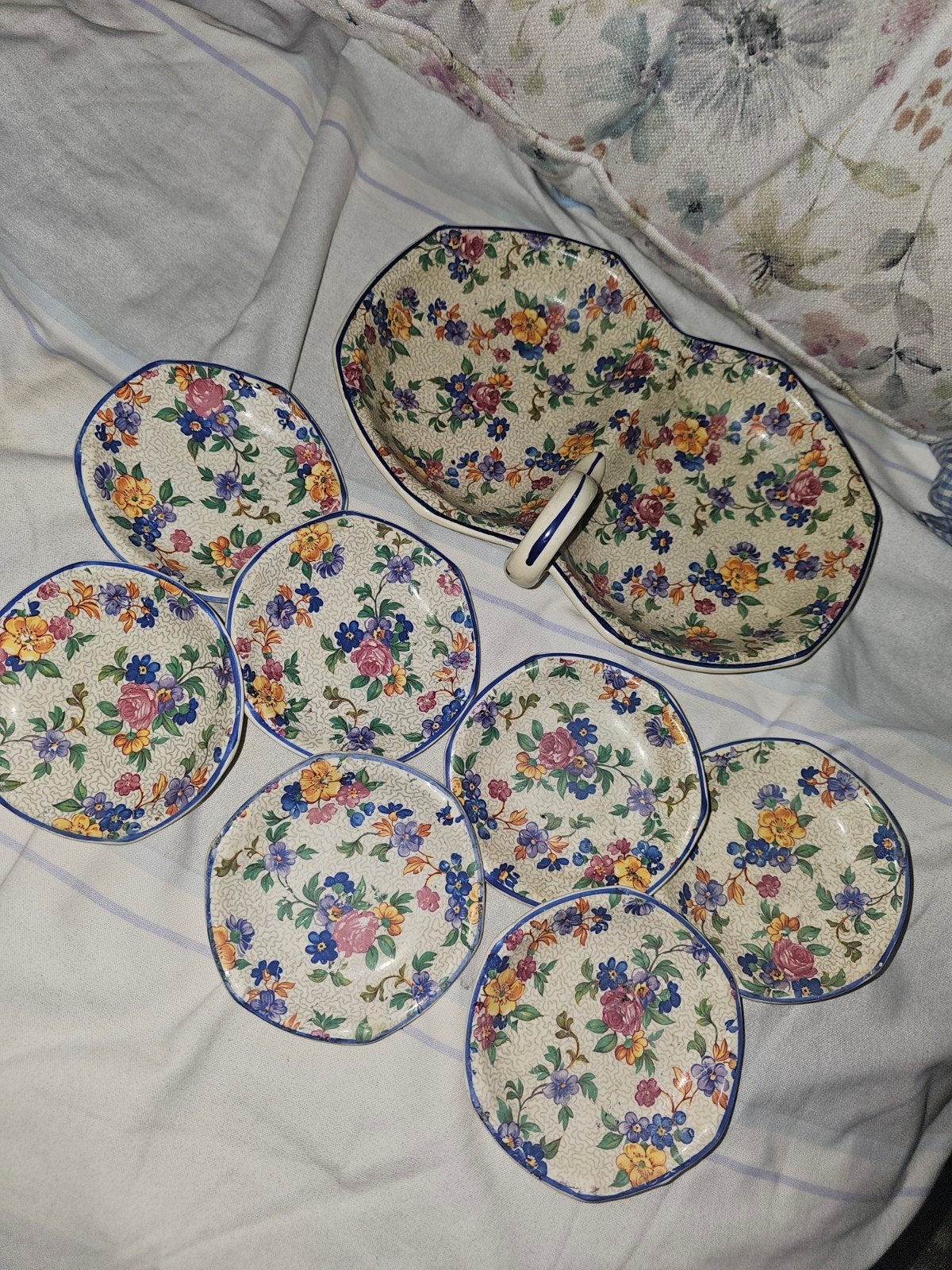 Vintage Bloemenpatroon Serveerschaal met 8 Kleine Schotels, Ophalen of Verzenden
