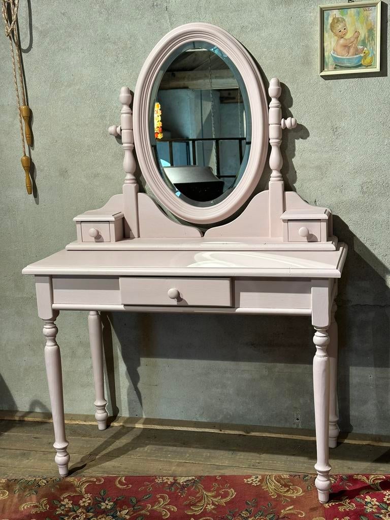 Brocante kaptafel - spiegel - roze - sidetable, Ophalen, Zo goed als nieuw, 50 tot 100 cm, Minder dan 100 cm