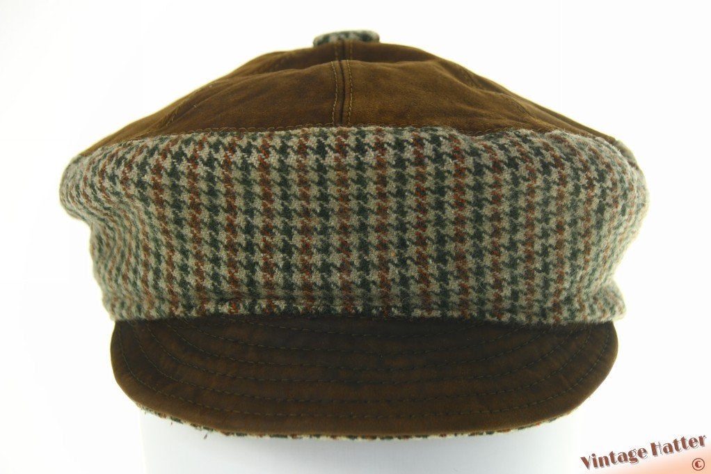 Vintage Panelenpet beige groen tweed met bruin leer 56,5, Ophalen of Verzenden, Gedragen, 57 cm (M, 7⅛ inch) of minder, Pet