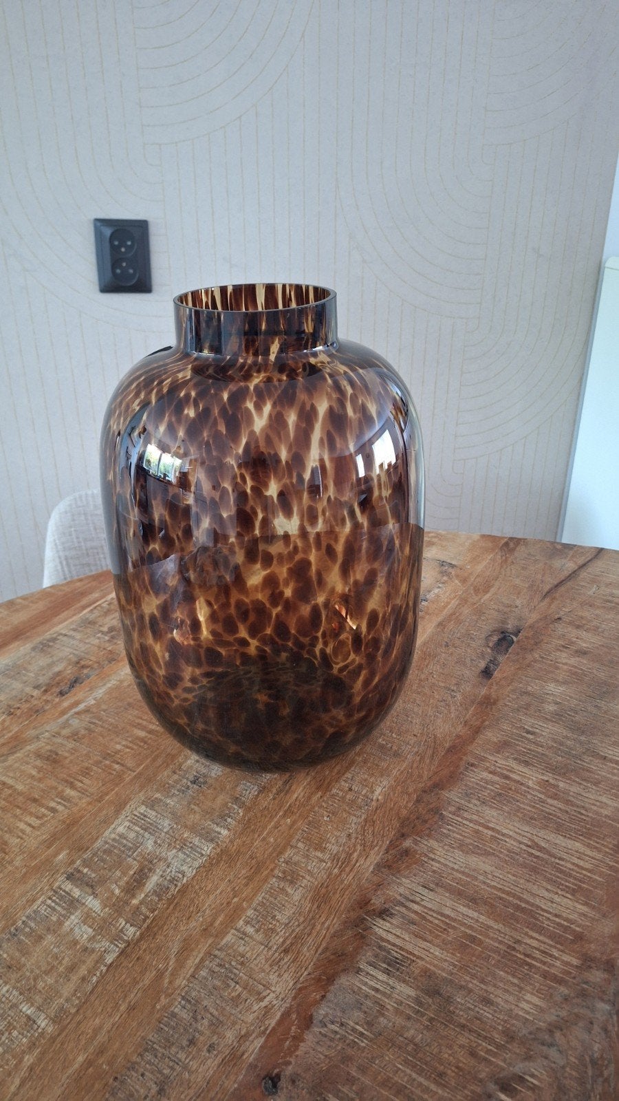 Glazen vaas met luipaardprint - 36 cm hoog, Ophalen, Gebruikt, Bruin, Met patroon/structuur