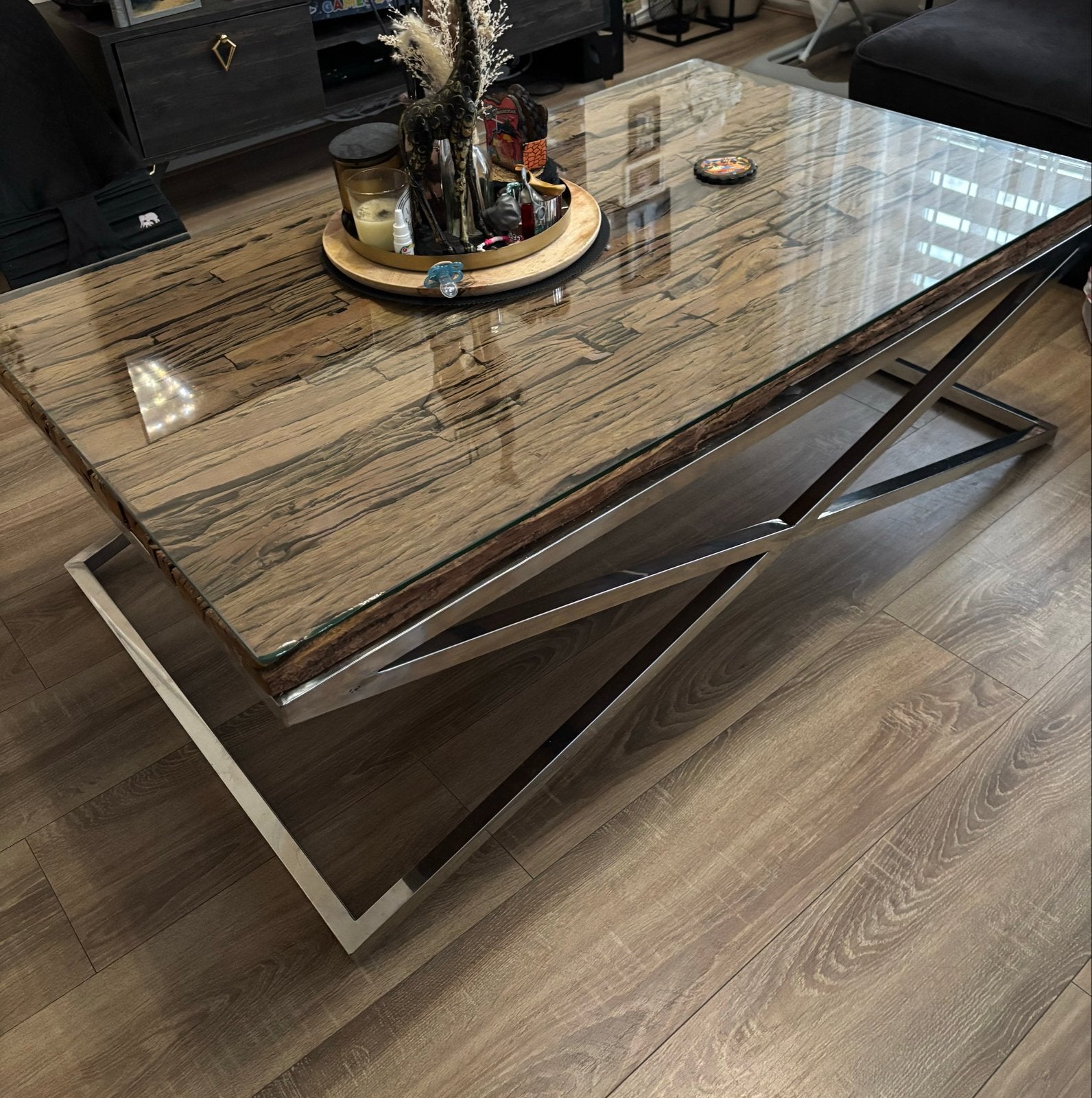salontafel/eettafel met glas en hout, Ophalen, 100 tot 150 cm, 50 tot 100 cm, Vier personen