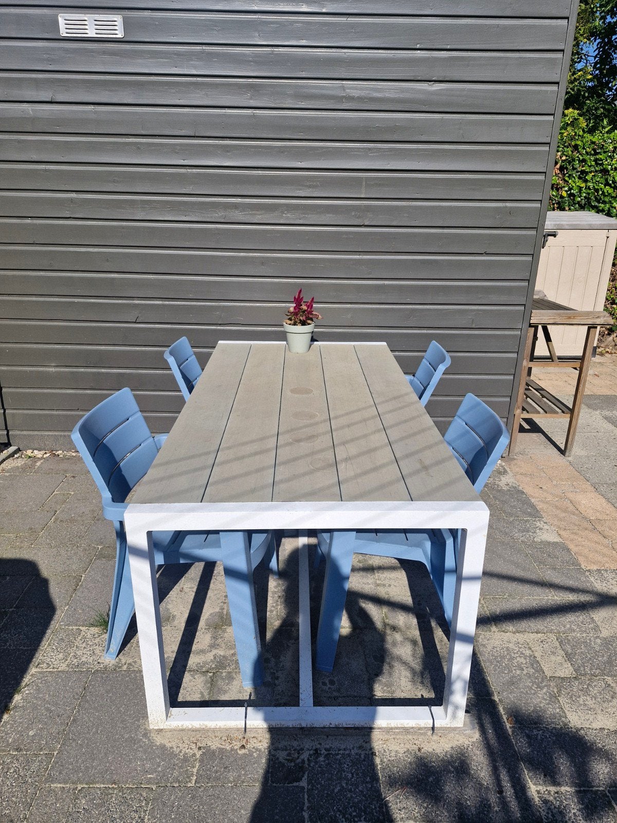 Tuinset met 4 stoelen en tafel - Grijs/Blauw, 4 zitplaatsen, Kunststof, Gebruikt, Ophalen of Verzenden