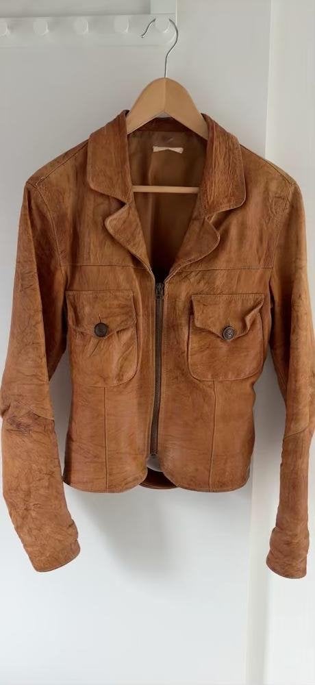 Vintage bruin leren jasje met zakken, Kleding | Dames, Ophalen of Verzenden, Gedragen, Maat 38/40 (M), Bruin