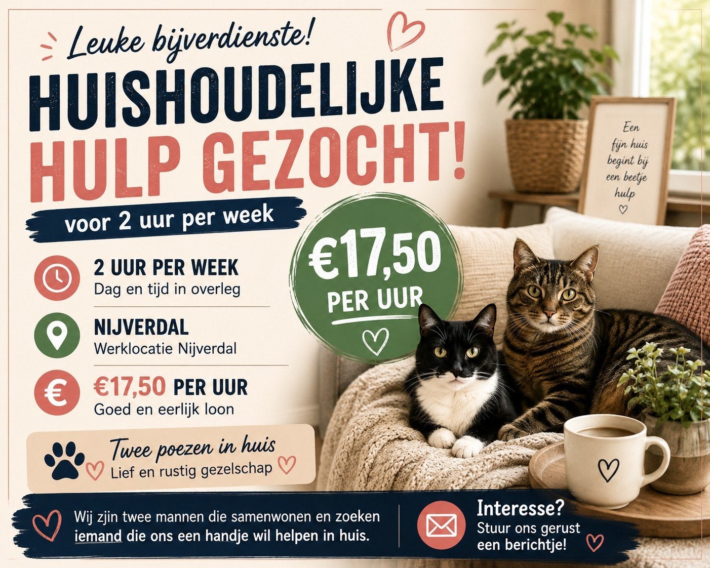 Huishoudelijke hulp gezocht  €17,50 per uur – 2 uur per week, Vacatures, Vacatures | Schoonmaak en Facilitaire diensten, Overige niveaus