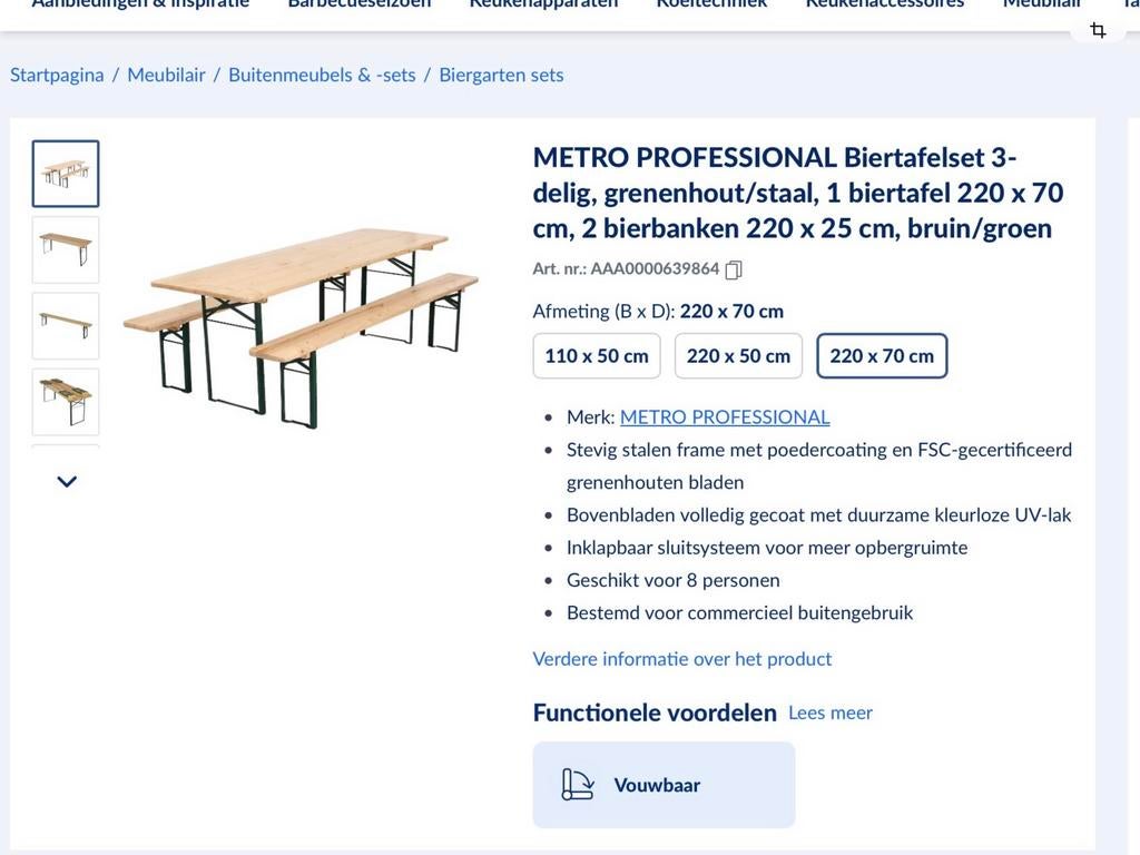 METRO PROFESSIONAL Biertafelset 3-delig, grenenhout/staal, Tuin en Terras, Picknicktafels, Nieuw, Ophalen of Verzenden, Inklapbaar