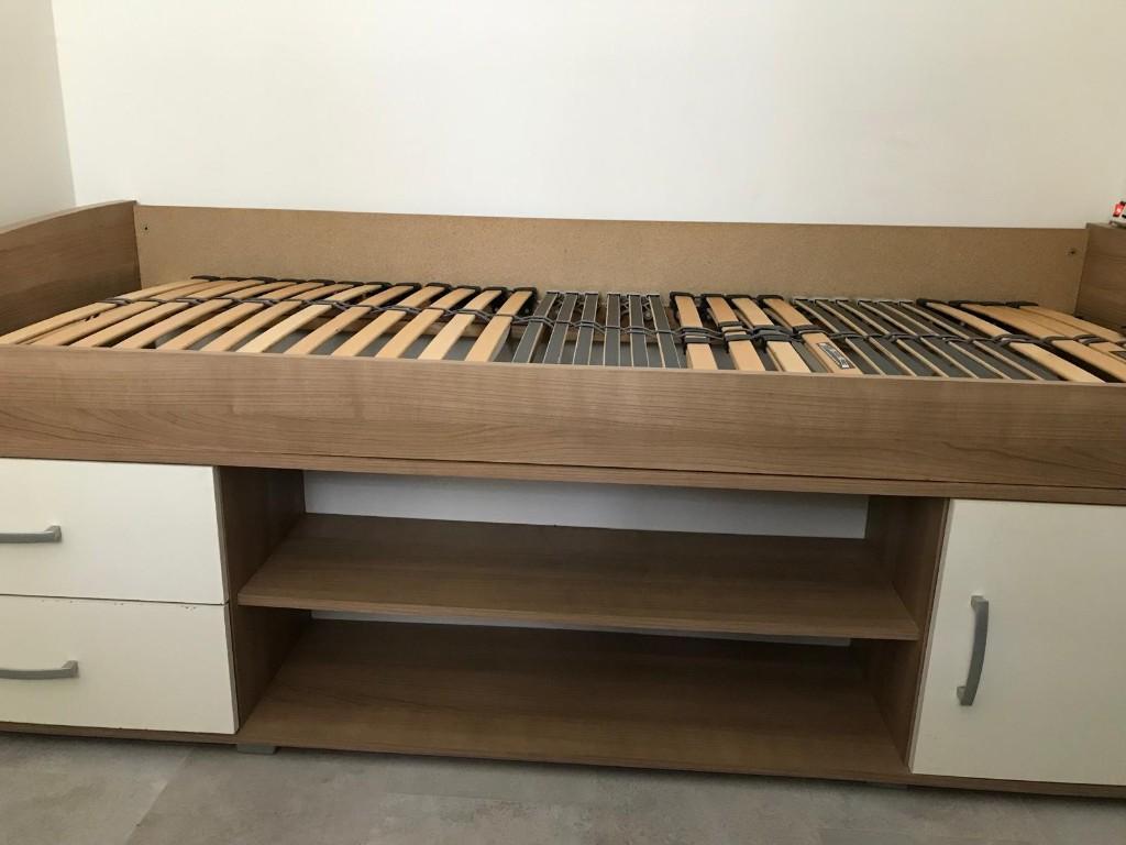 1 persoonsbed 90x200 met lattenwand, Ophalen, 90 cm, Eenpersoons, Wit