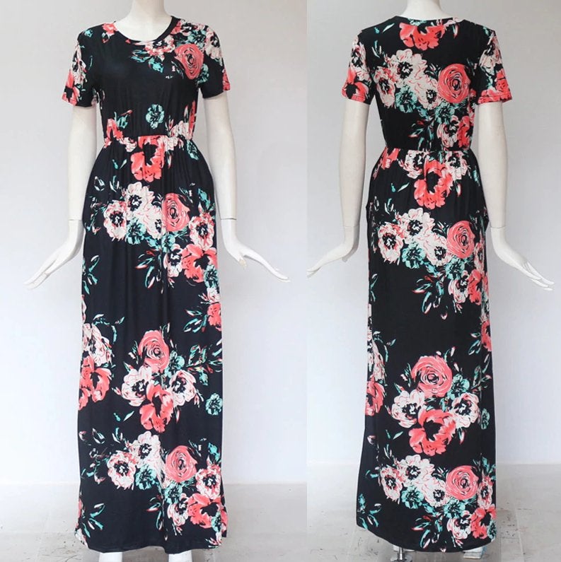 Lange zwarte zomer bloemen jurk boho dames vrouwen lente, Verzenden, Zwart, Maat 46/48 (XL) of groter, Nieuw