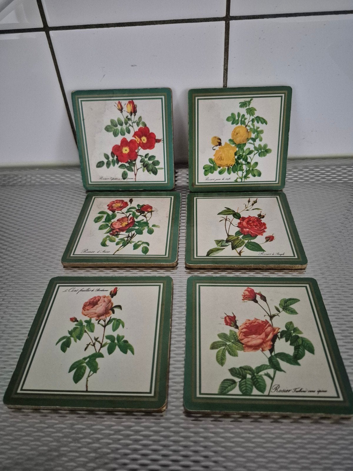 Vintage Pimpernel onderzetters met rozenmotief (6 stuks), Hout, Gebruikt, Glasonderzetter, Meerkleurig