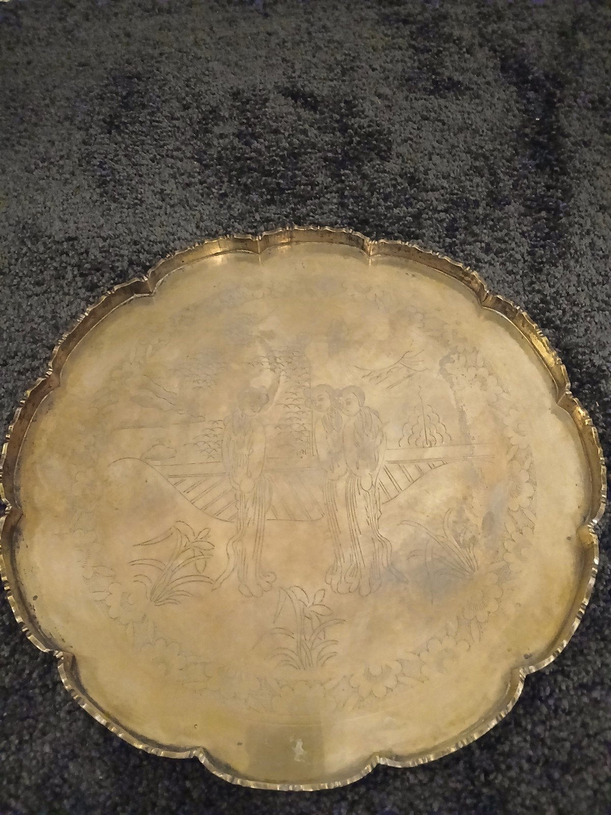 Antieke koperen schaal met Aziatische gravure, Ophalen of Verzenden