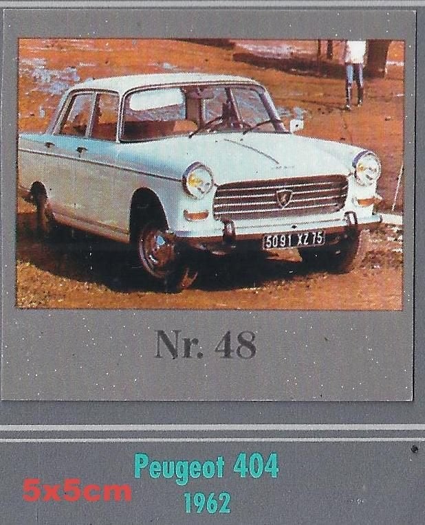 Vp48 autokaartje peugeot 404 ---1962 --afmeting 5 x 5 cm, Ophalen of Verzenden, Zo goed als nieuw, Auto's