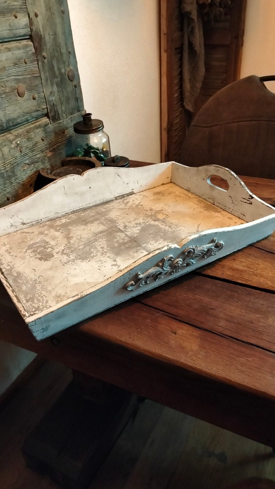 Leuke brocante houten dienblad wit kleurig, Gebruikt, ., Ophalen of Verzenden, Overige typen