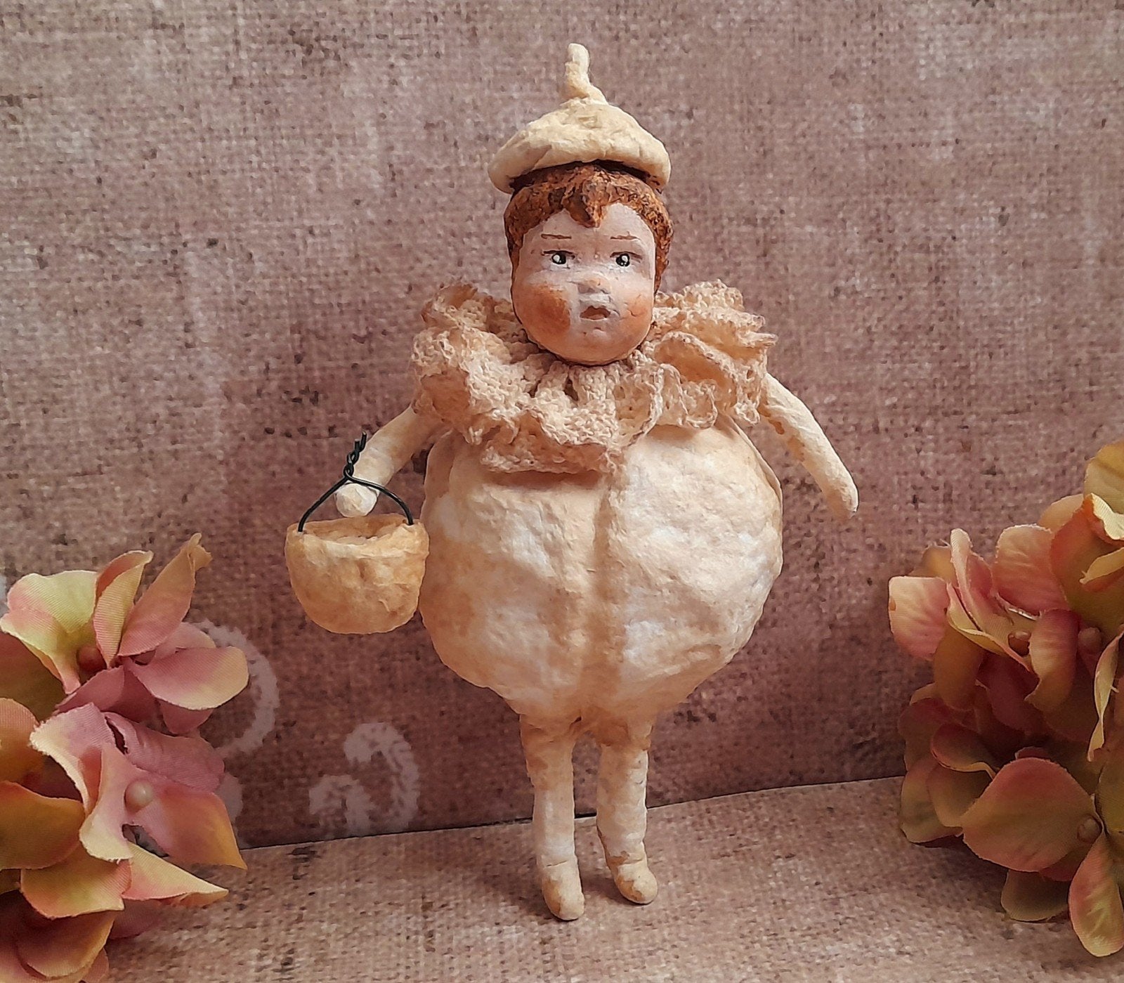 Prachtig brocante wattenpopjes Pompoen met mandje Spuncotton, Antiek en Kunst, Ophalen of Verzenden