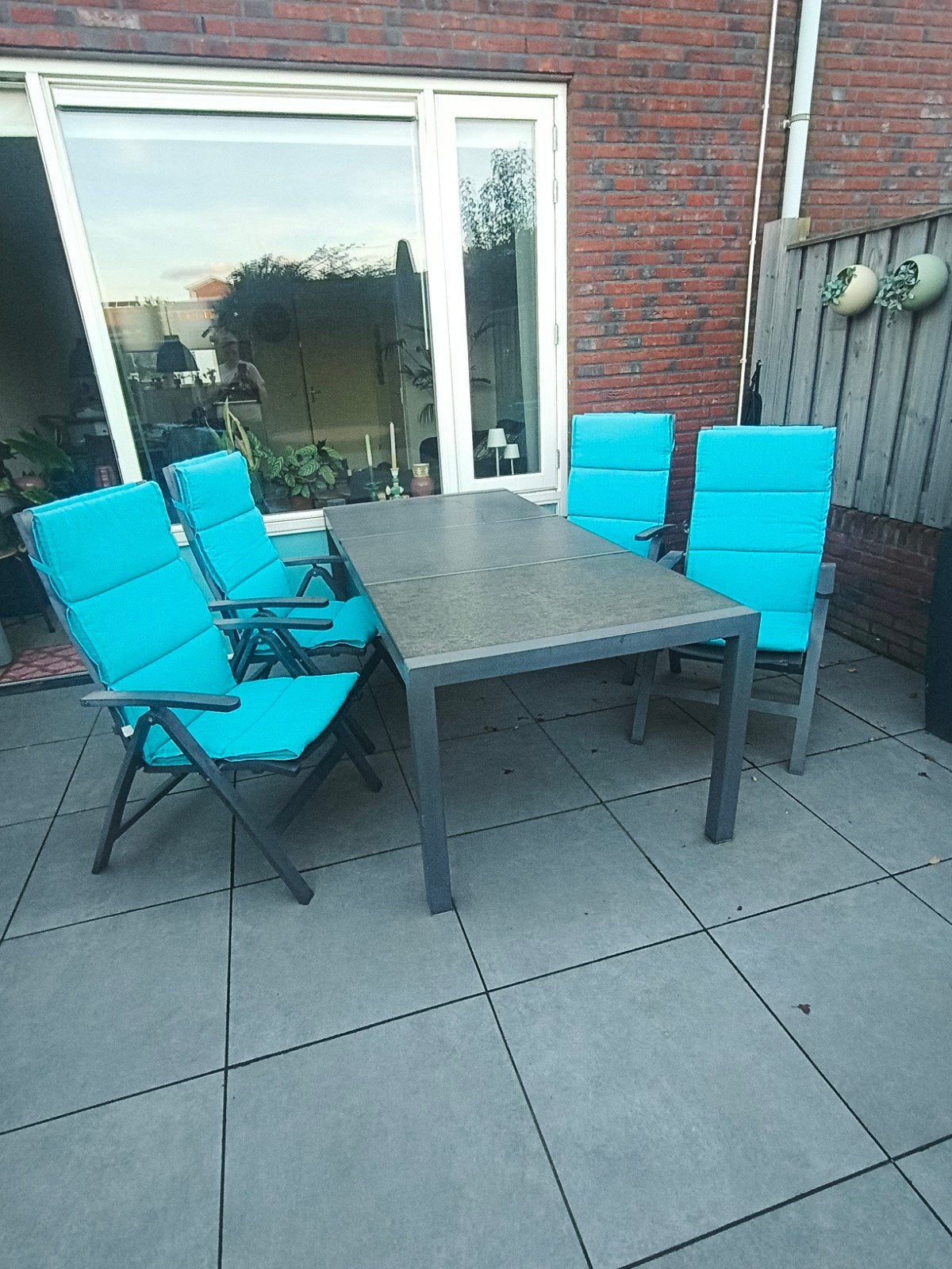 Tuinset: Natuurstenen tuintafel (90x213) en stoelen + kussen, Ophalen of Verzenden, Gebruikt, Rechthoekig, Aluminium