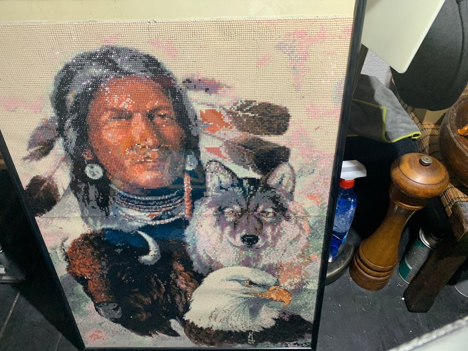 Diamond Painting Indiaan met Wolf, Buffel en Adelaar 50x70, Portret of Personen, Realistisch, Ophalen of Verzenden, Handgeschilderd