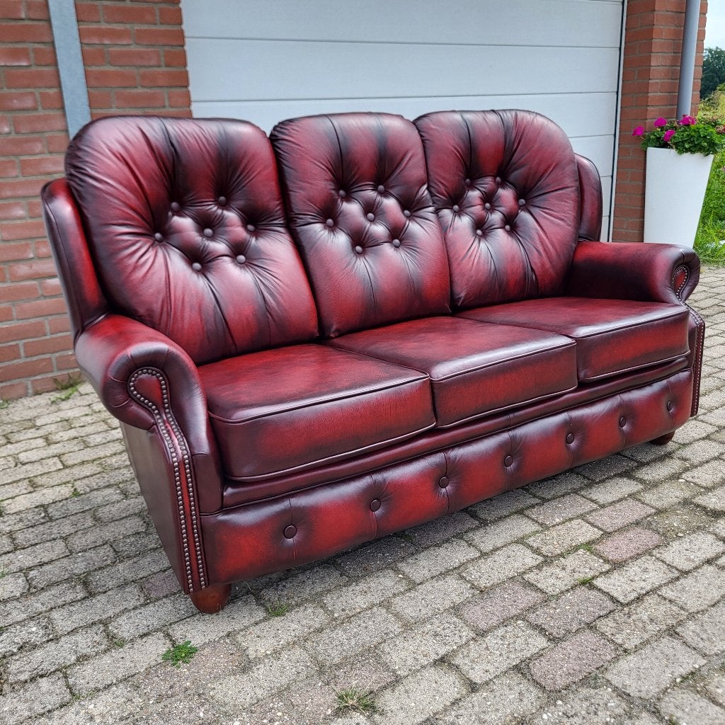 Chesterfield bank rood leer, 3 zits, Huis en Inrichting, 150 tot 200 cm, Chesterfield, Driepersoons, Ophalen of Verzenden