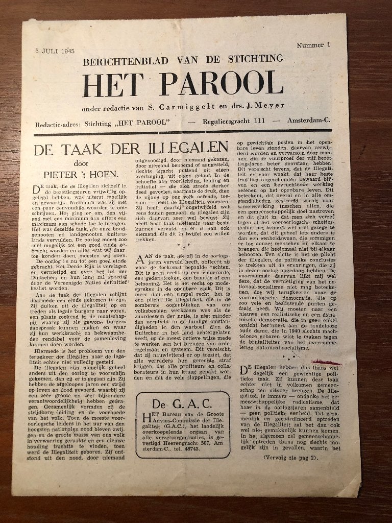 1945 Berichtenblad Stichting Het Parool, redactie S. Carmig-, Verzenden, Overige onderwerpen, Tweede Wereldoorlog, Gelezen