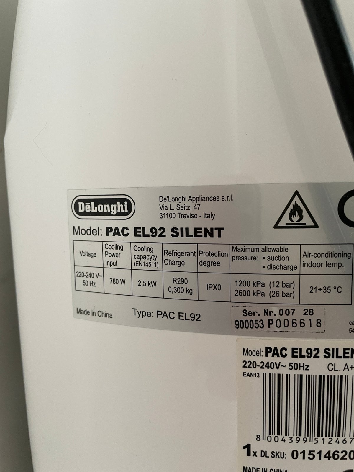 De'Longhi Pinguino PAC EL92 Silent Mobiele Airco, Ophalen, Gebruikt, 3 snelheden of meer, Koelen en Ontvochtigen